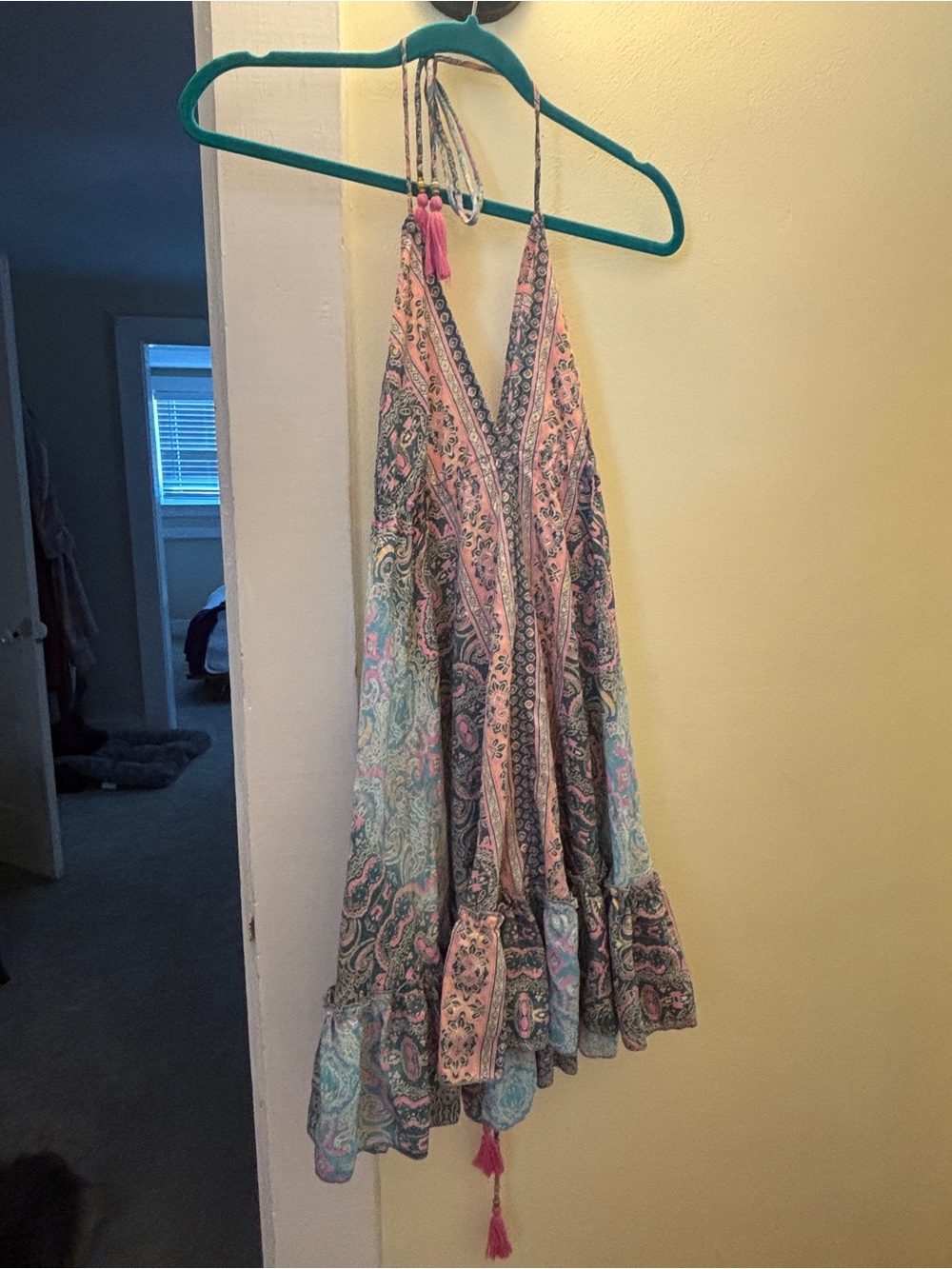 Backless Paisley Print Halter Dress in Pink and Teal